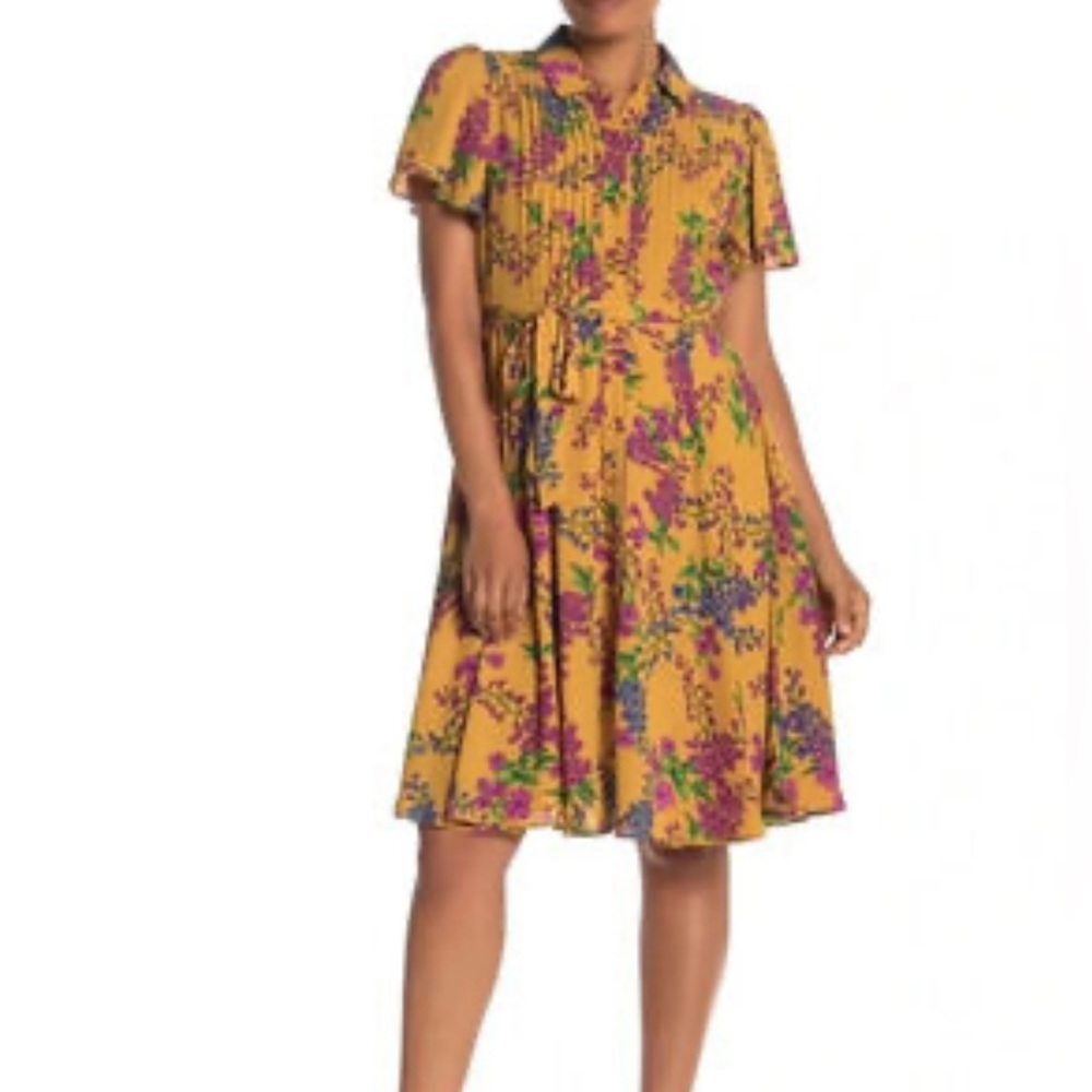 NANETTE LAPORE MUSTARD BERRY BLUE FLARE FLUTTER SHORT SLEEVES DRESS SZ 8